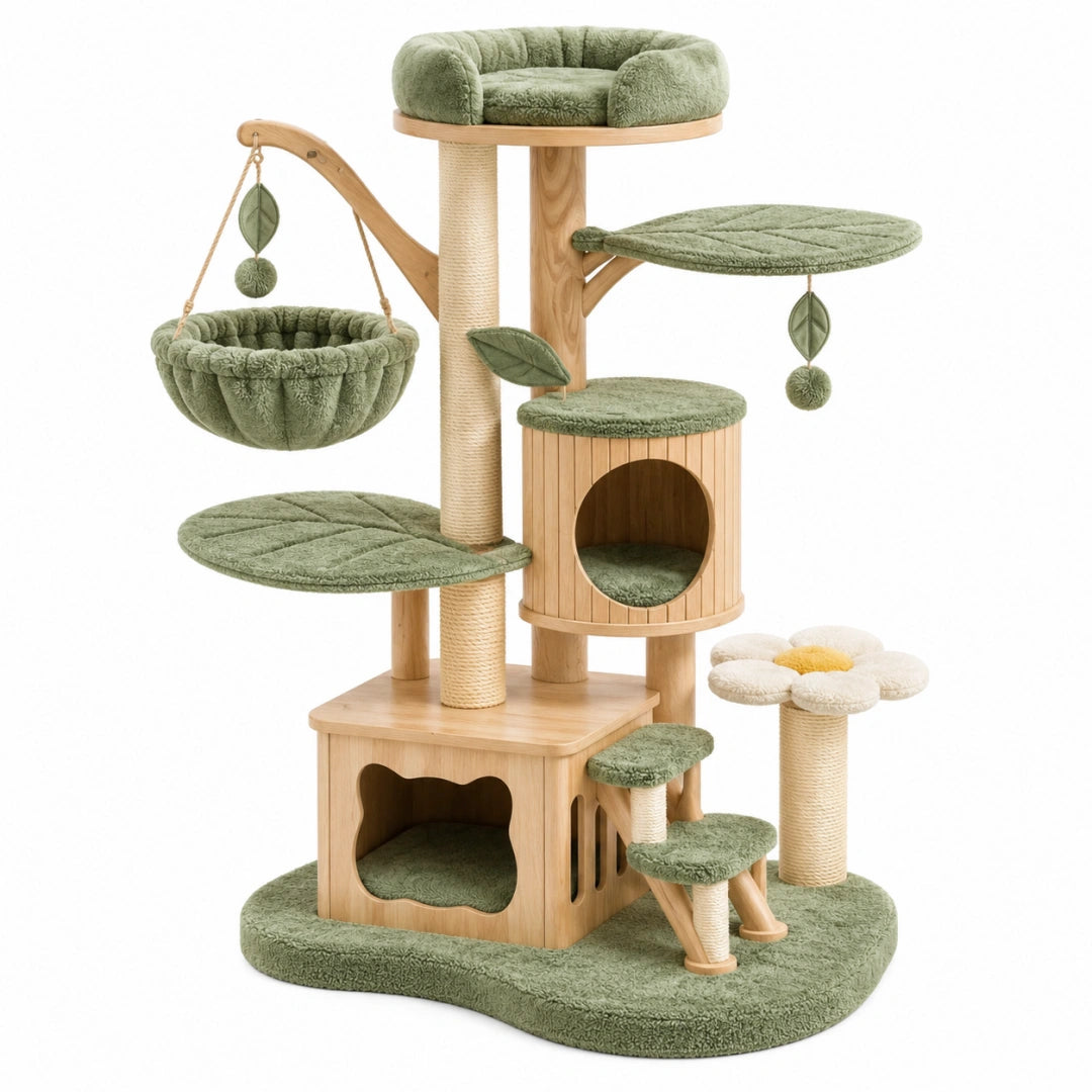 Katzenbaum 80 x 60 x 145 cm aus Holz in Grün mit Sisal und Plüsch zum Klettern und Ruhen