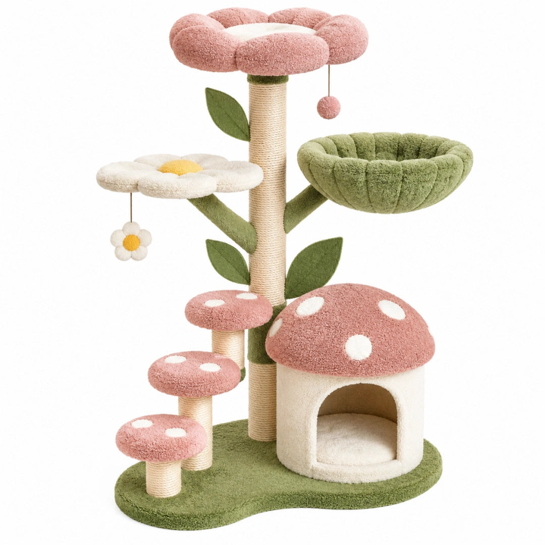 Kratzbaum 60 x 45 x 110 cm aus Sisal und Plüsch Rosa Grün mit Katzenhöhle und Liegeflächen