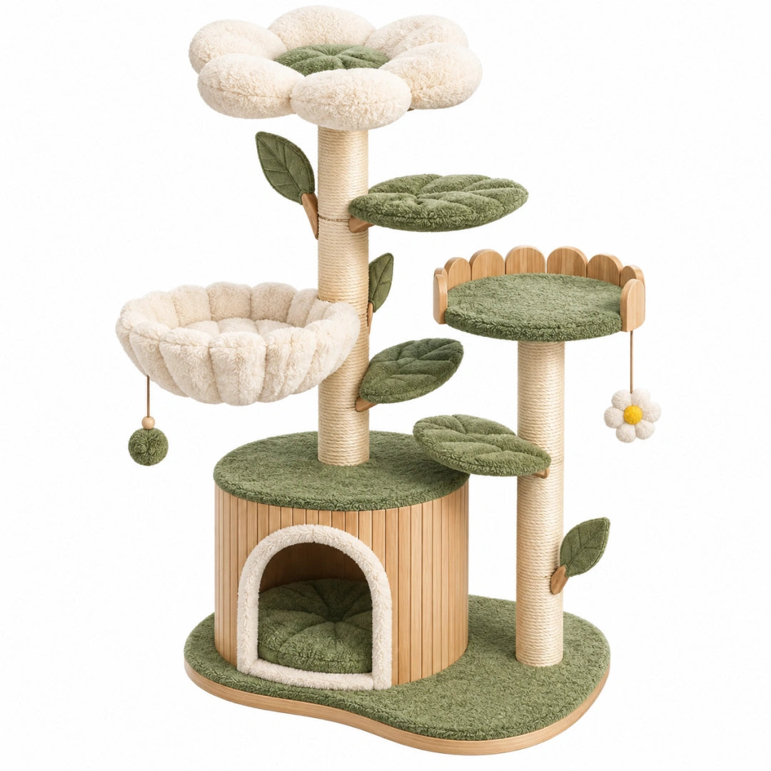 Kratzbaum 60 x 50 x 150 cm Holz Sisal Plüsch Grün Creme mit Höhle Liegeflächen und Kratzstämmen