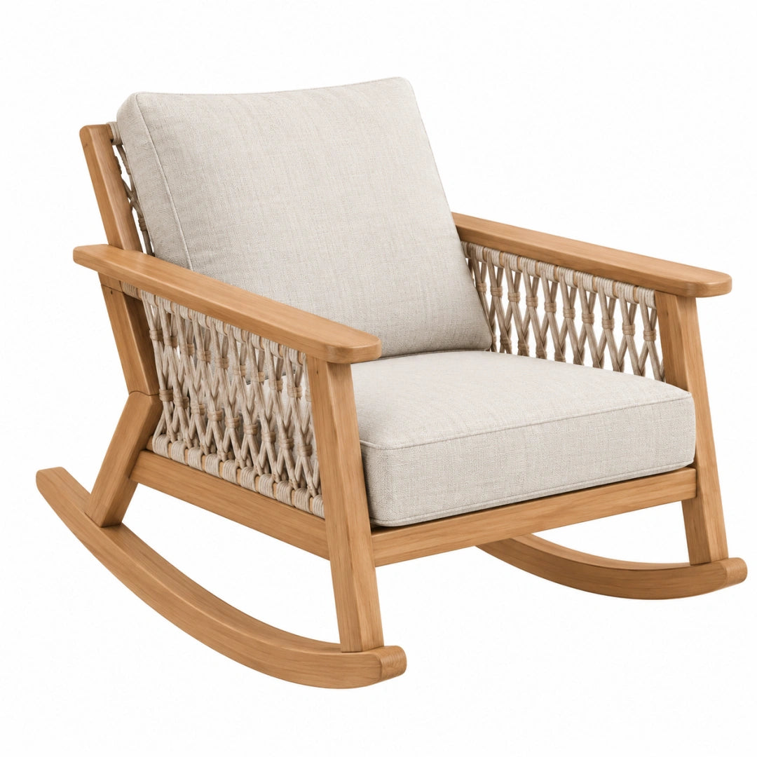 Schaukelstuhl 100 x 70 x 95 cm Holz Naturbeige mit Seilgeflecht und Polsterung
