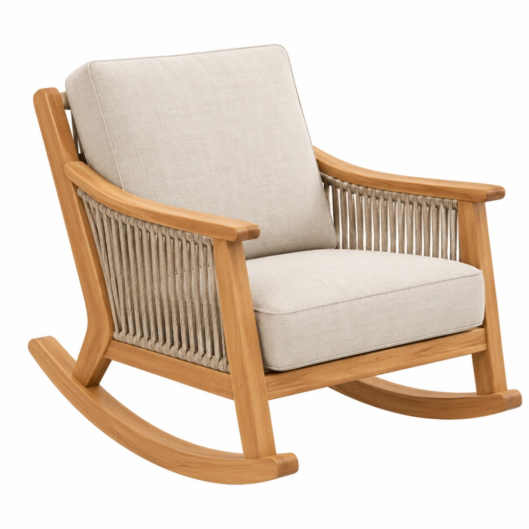 Schaukelstuhl 92 x 72 x 98 cm Holz Beige mit Seilgeflecht - Relaxsessel im natürlichen Stil