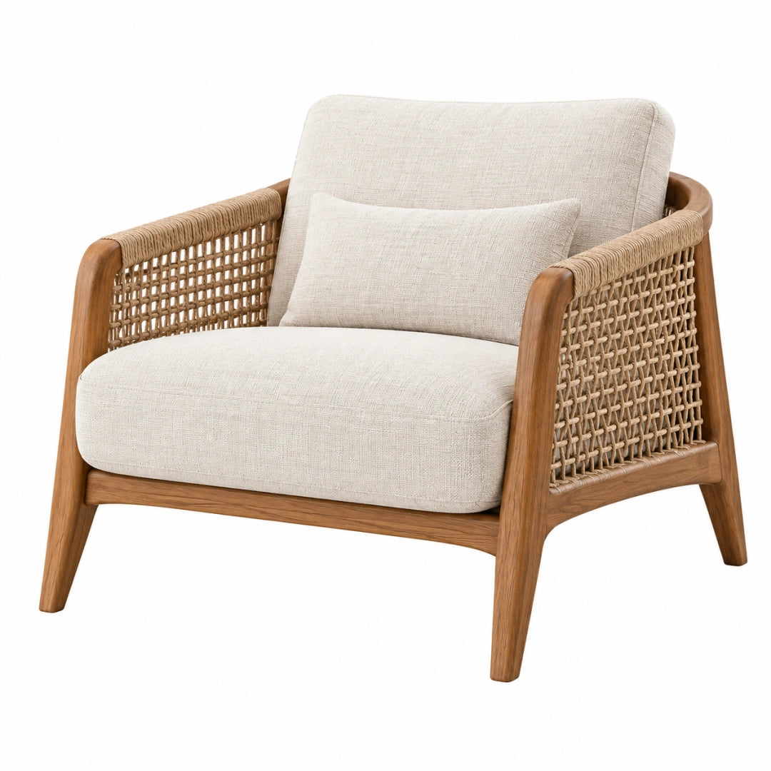 Sessel 76 x 78 x 82 cm mit Holzgestell Geflecht und Stoffbezug in Naturbeige