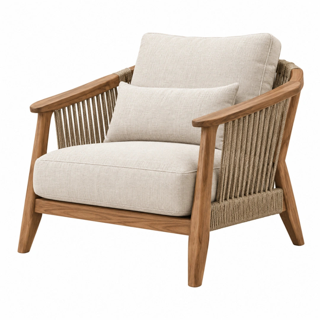 Sessel 78 x 75 x 82 cm Naturholz Beige mit Seilgeflecht und Textilpolsterung