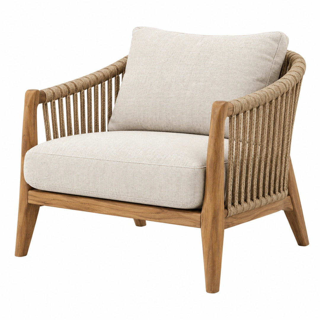 Sessel 75 x 82 x 85 cm aus Massivholz mit Seilgeflecht in Beige Naturbraun