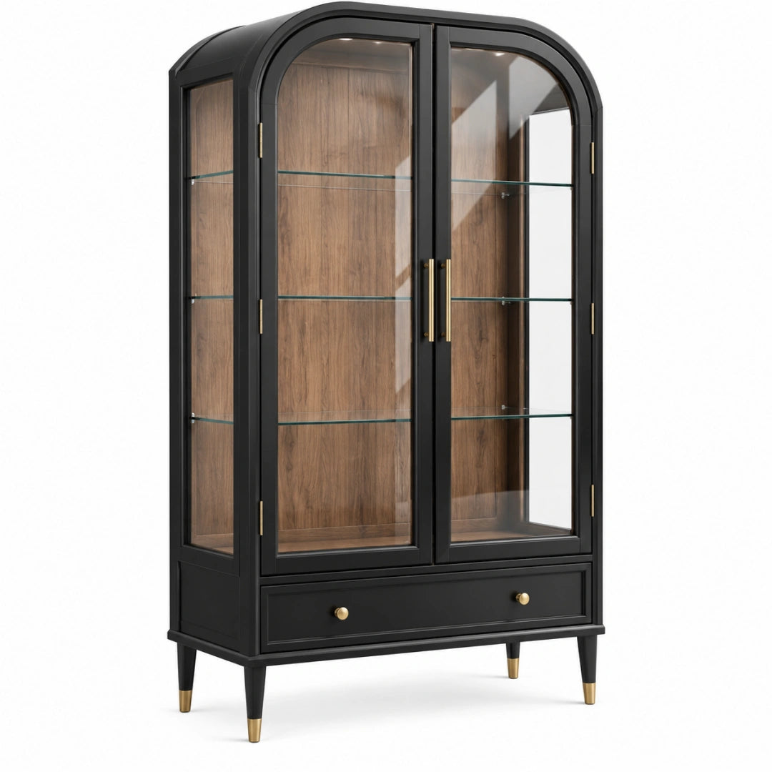 Vitrine 100 x 45 x 190 cm aus Holz und Glas in Schwarz Braun mit Schublade