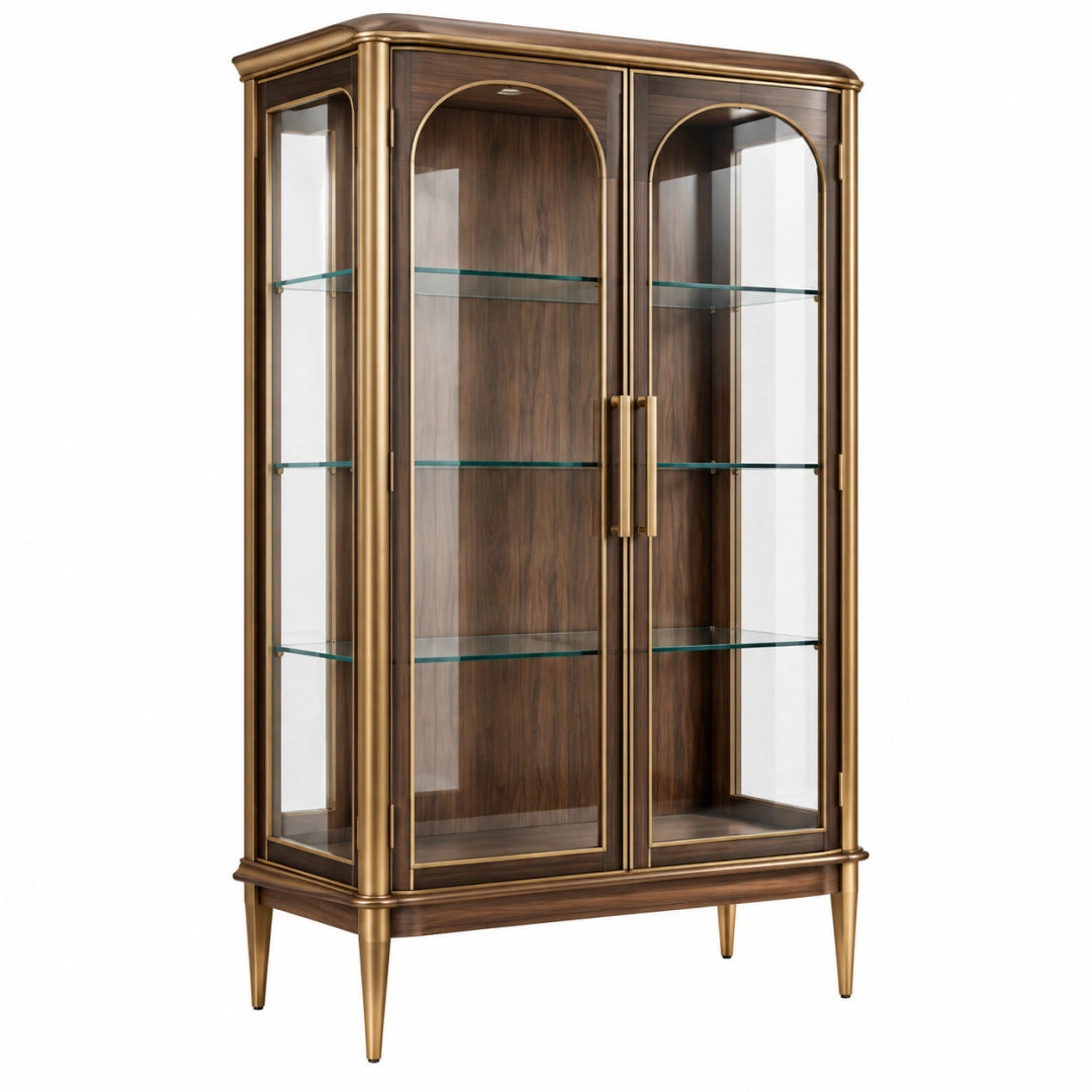 Vitrine 100 x 45 x 190 cm Holz Glas Braun Gold klassischer Stil mit Glastüren