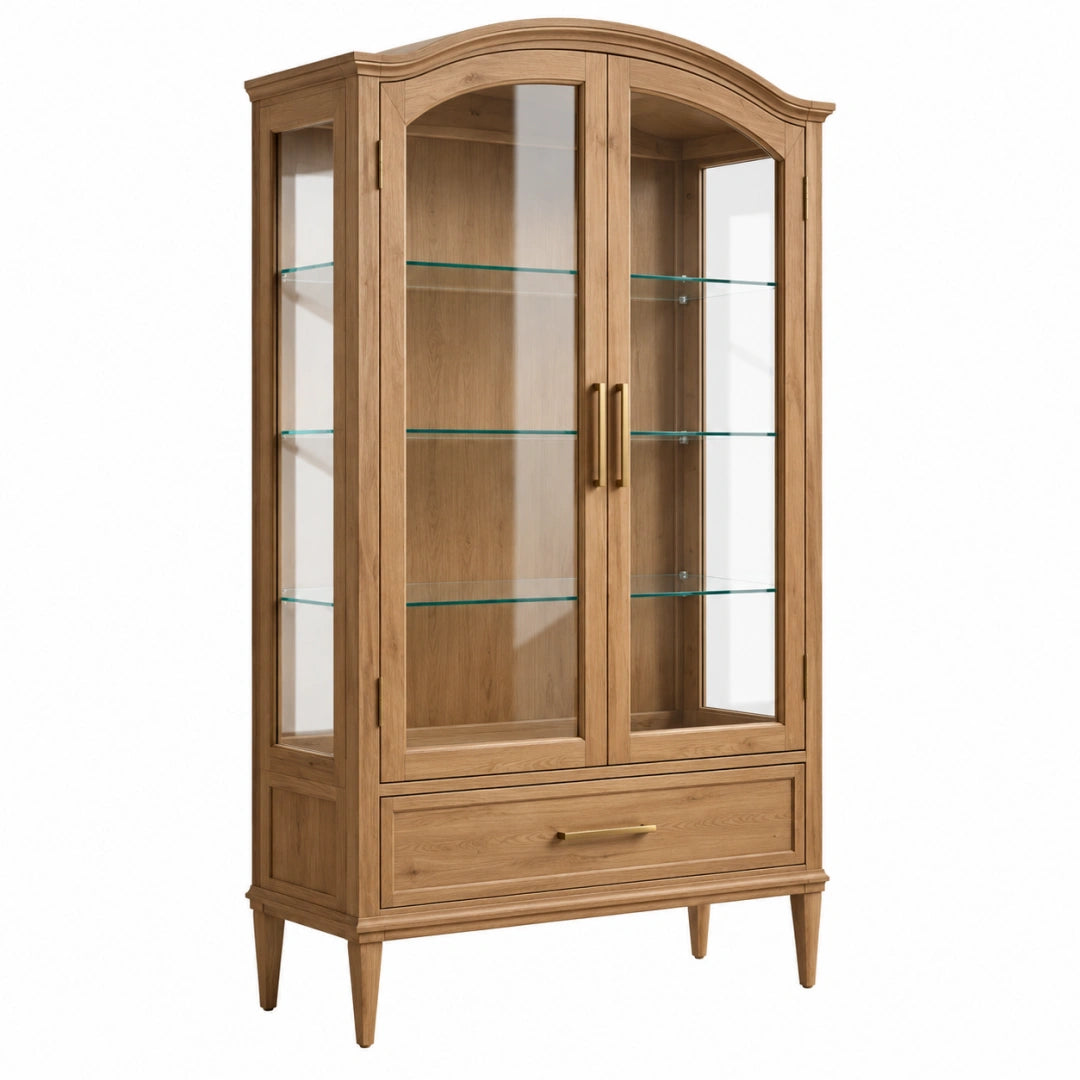 Vitrine 100 x 45 x 190 cm in Eichenholzoptik mit Glasfront und Schublade im Landhausstil