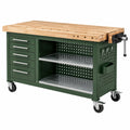 Werkbank 152x62x95 cm aus Stahl und Massivholz Grün fahrbar mit Schraubstock