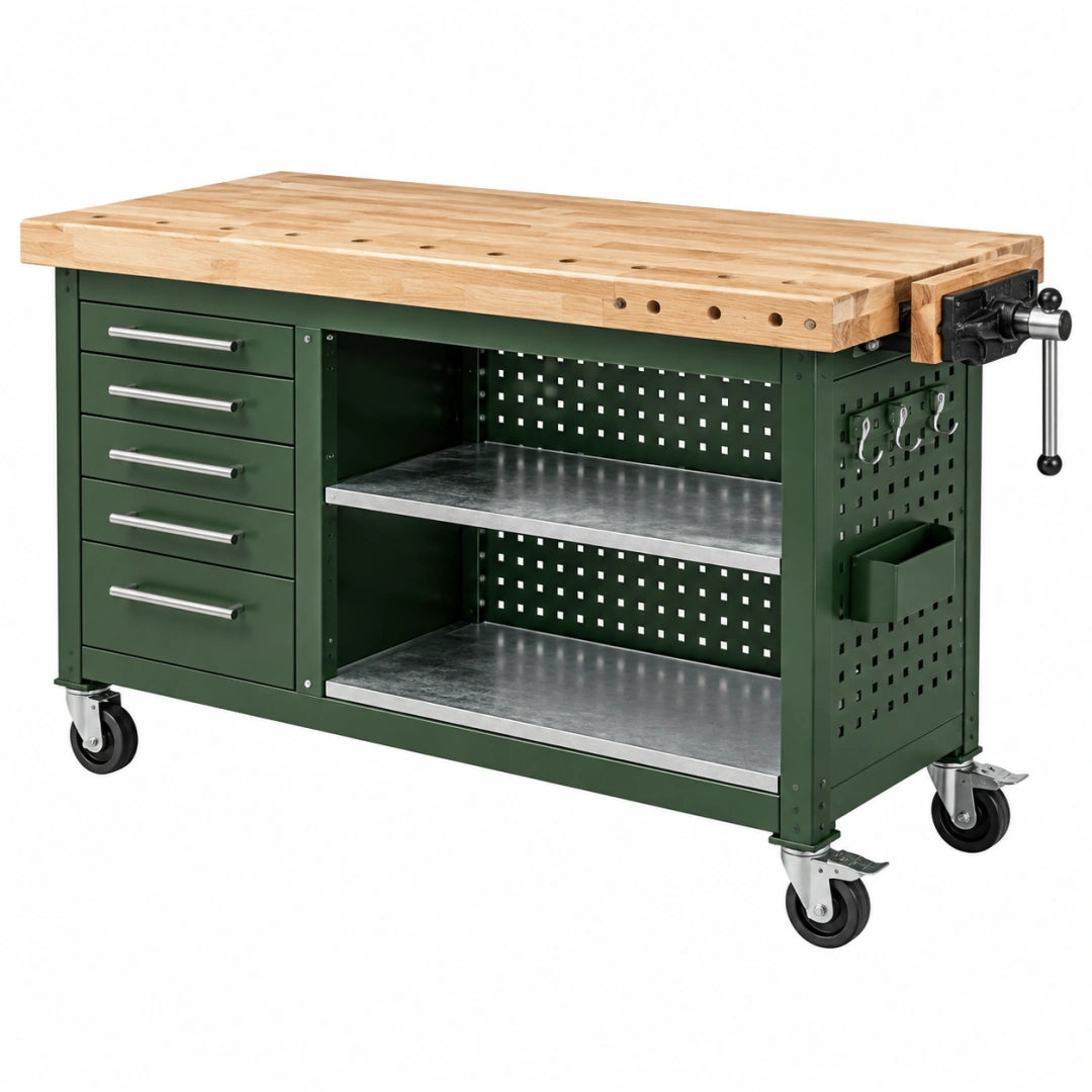 Werkbank 152x62x95 cm aus Stahl und Massivholz Grün fahrbar mit Schraubstock