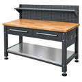 Werkbank 120 cm mit Holzarbeitsplatte aus Stahl Schwarz Braun mit Lochwand und Schubladen