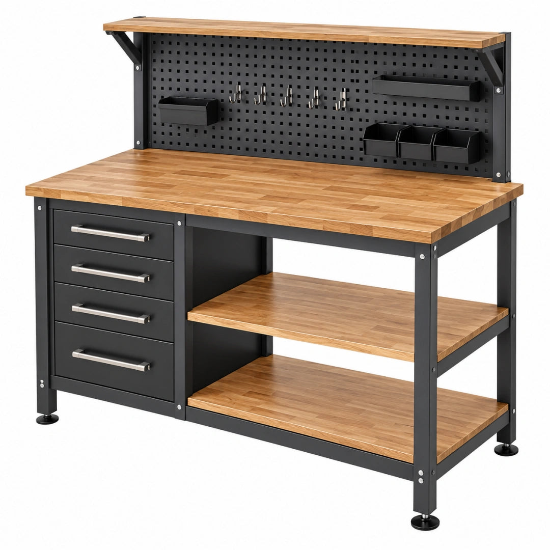 Werkbank 120 x 60 x 150 cm aus Holz und Stahl in Natur Schwarz mit Schubladen Lochwand und Ablagen