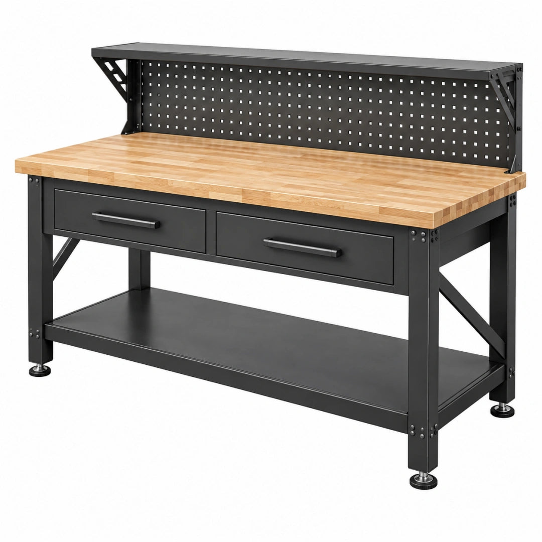 Werkbank 160 x 60 x 160 cm mit Massivholzplatte Schwarz Natur Industrie-Stil mit Lochwand und Schubladen