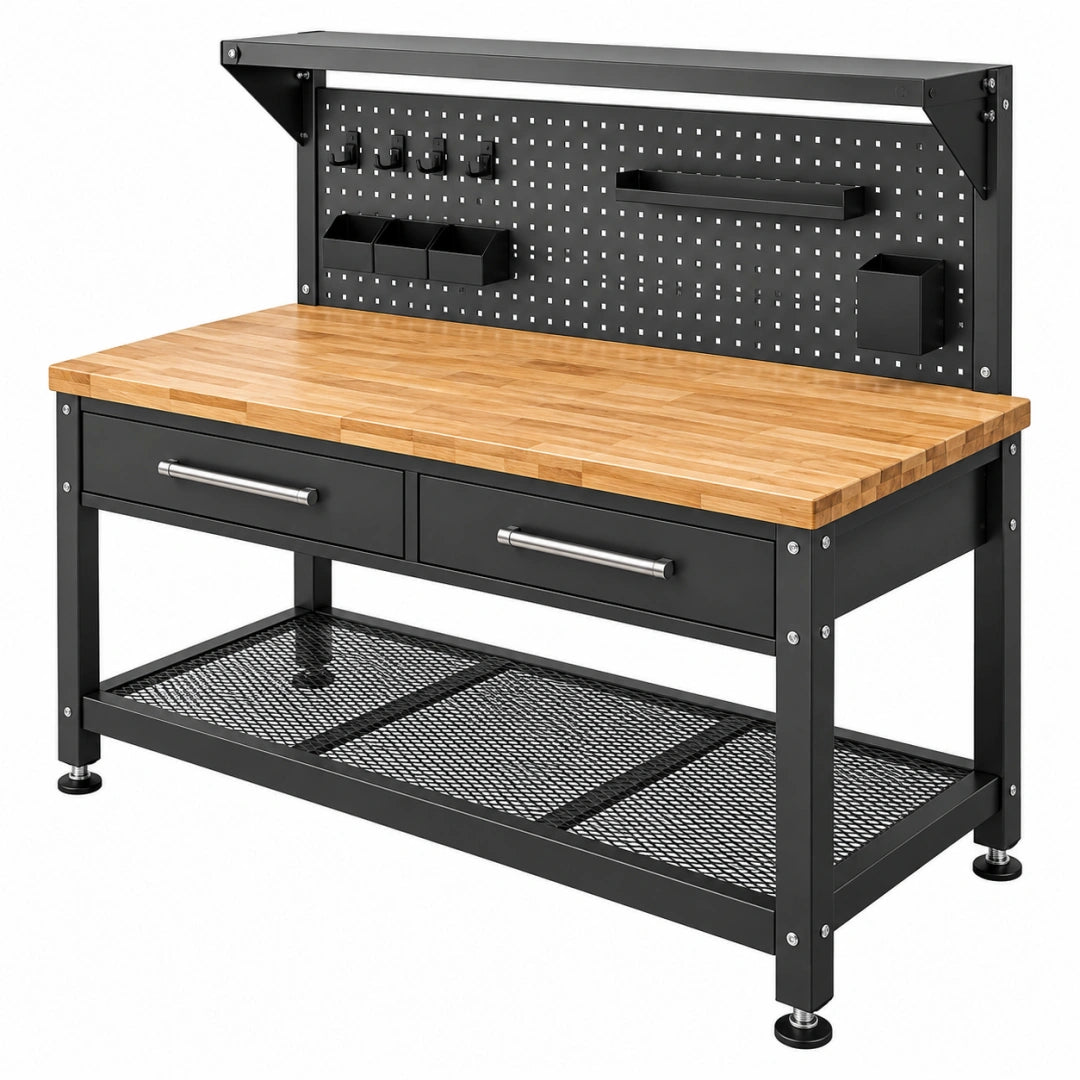 Werkbank 120 x 60 x 155 cm aus Stahl und Massivholz in Schwarz Naturholz mit Lochwand und Schubladen