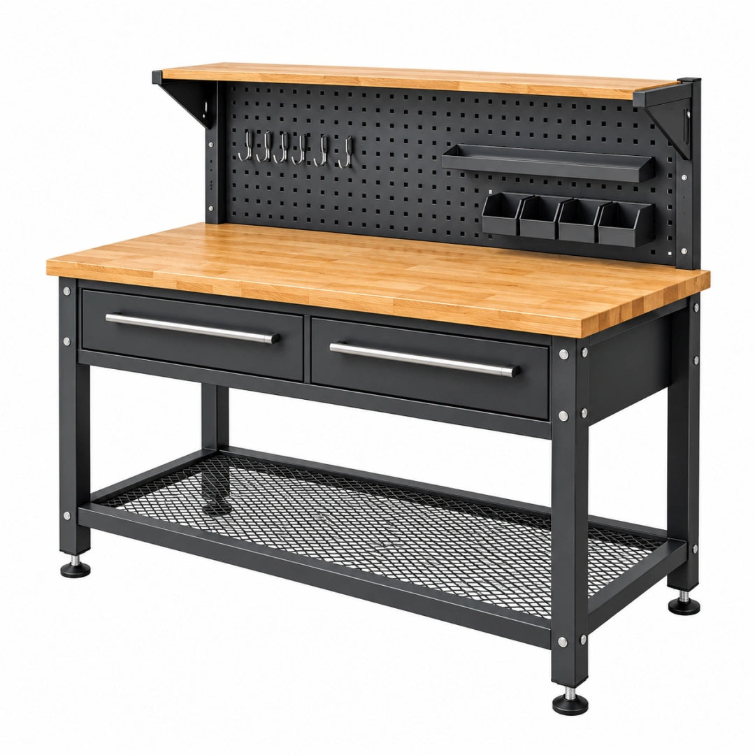 Werkbank 120 x 60 x 150 cm mit Holzplatte und Metallgestell Schwarz Natur Industriestil