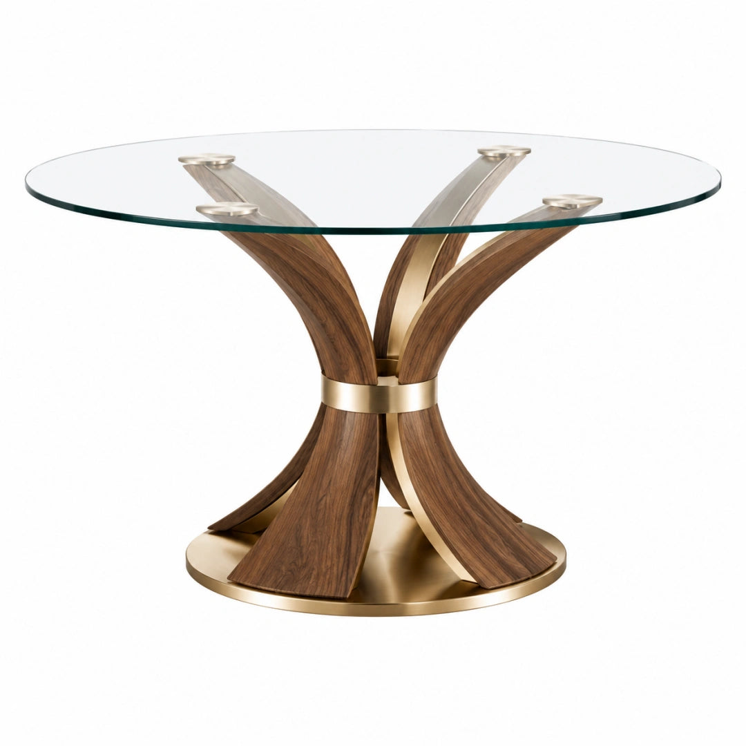 Runder Esstisch 120 cm Glas Holzoptik Braun Gold Modern