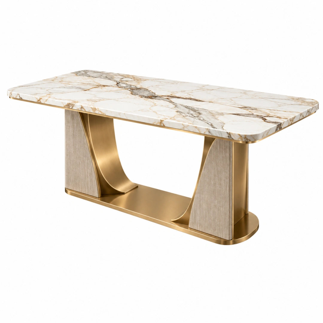 Esstisch 180 x 90 x 76 cm in Weiß Gold mit Marmoroptik und Metallgestell