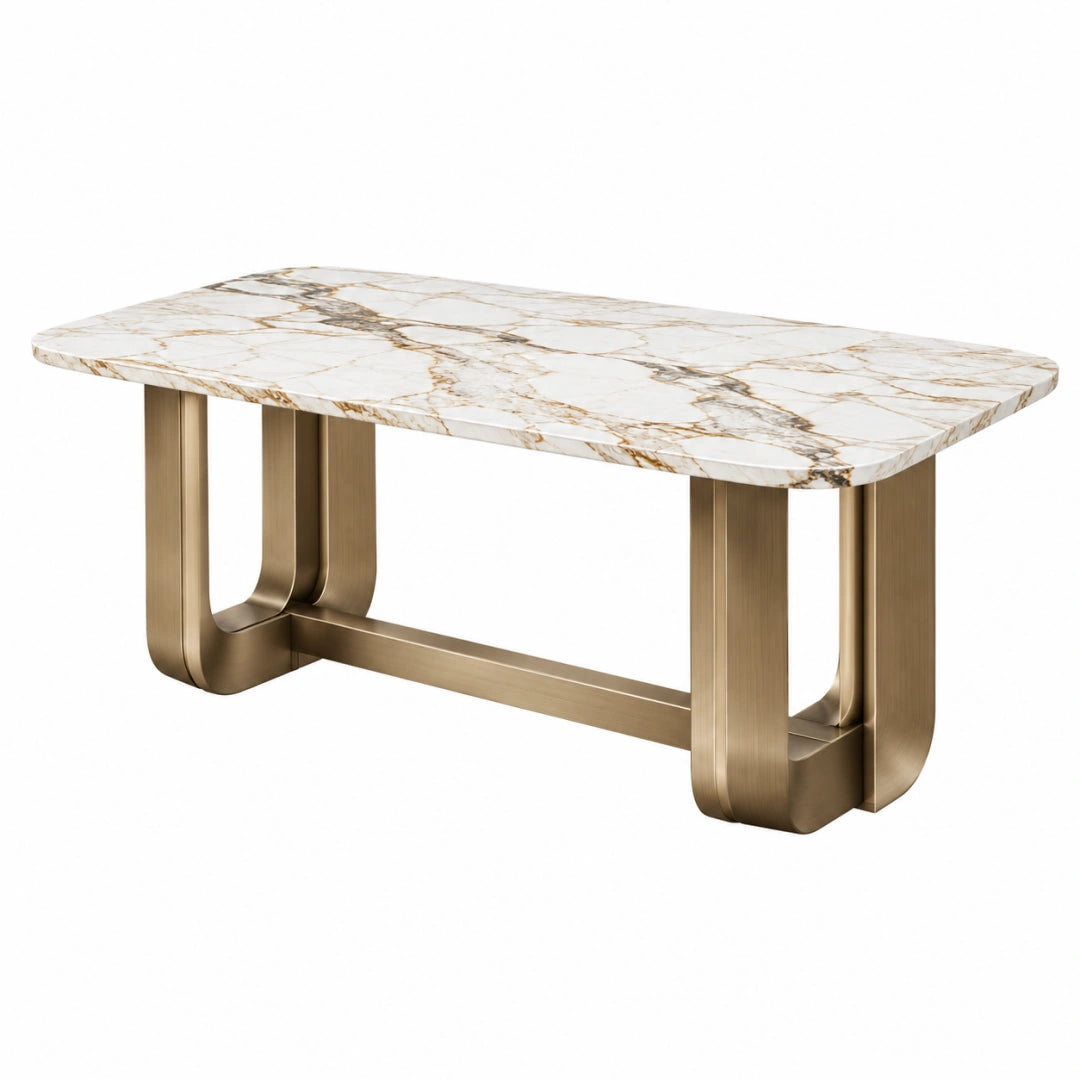 Esstisch 180 x 90 x 75 cm marmorierte Tischplatte Metallgestell goldfarben moderner Stil