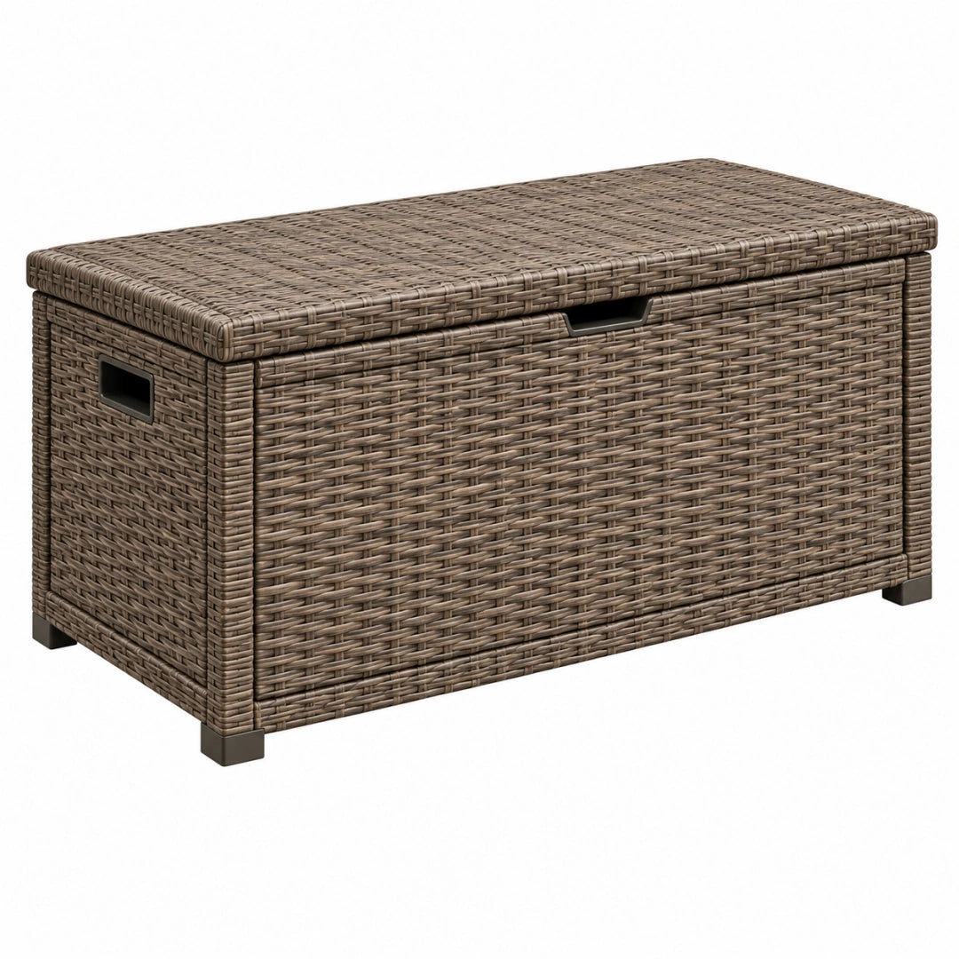 Garten-Aufbewahrungstruhe 120 x 50 x 60 cm Kunststoffgeflecht Taupe mit Klappdeckel