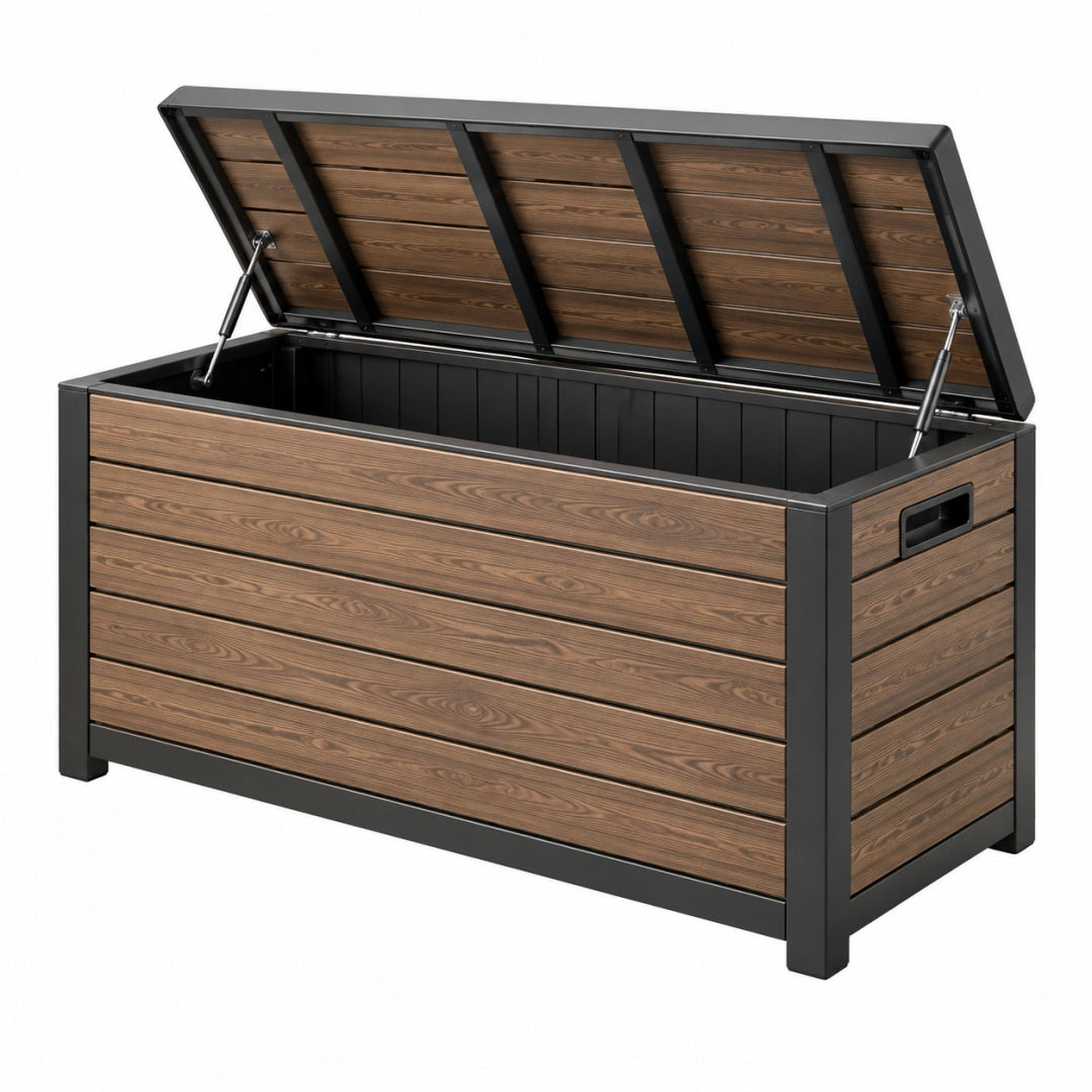 Aufbewahrungsbox 120 x 60 x 63 cm Metall Kunststoff Holzoptik mit Gasdruckfedern für Garten Terrasse und Balkon