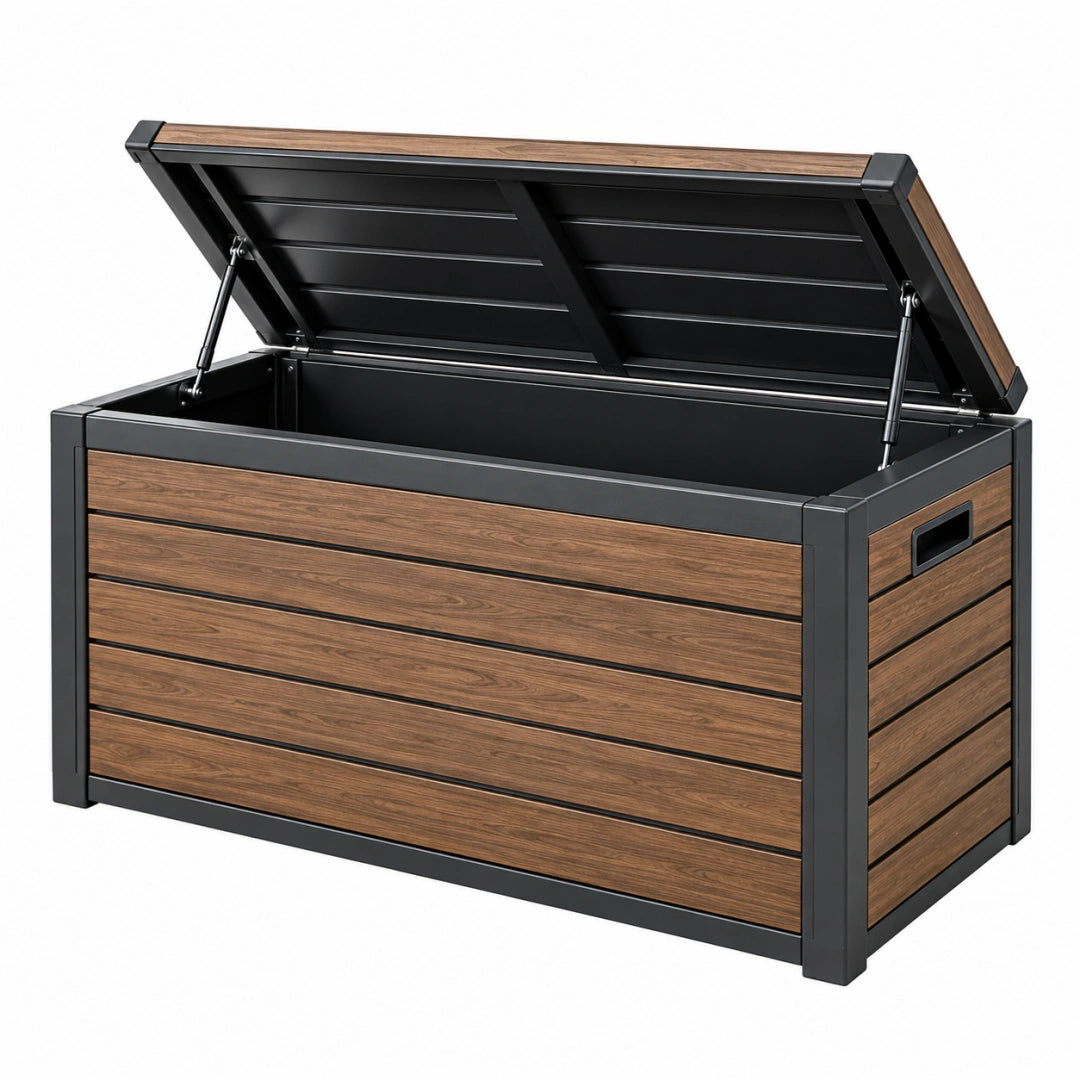 Aufbewahrungsbox 150 x 70 x 75 cm Stahl Kunststoff Braun Schwarz mit Gasdruckfedern für den Außenbereich